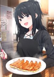 Rule 34 | 1girl, :d, absurdres, apron, black apron, black hair, black shirt, blush, commentary request, day, dumpling, food, grey eyes, hair between eyes, highres, holding, holding plate, idolmaster, idolmaster shiny colors, indoors, jiaozi, kazano hiori, long hair, long sleeves, looking at viewer, misaki nonaka, open mouth, plate, ponytail, refrigerator, shirt, smile, solo, spatula, sunlight, translation request, window, wooden floor