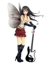 Rule 34 | 1girl, absurdres, akiyama mio, bare shoulders, bass guitar, black hair, blue eyes, boots, breasts, butterfly wings, cleavage, corset, elbow gloves, fender (company), fender precision bass, gloves, highres, hime cut, insect wings, instrument, k-on!, large breasts, long hair, mouth hold, plaid, plaid skirt, pleated skirt, plectrum, skirt, solo, tolui, wings, yue shu ya