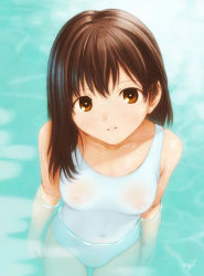 Rule 34 | 1girl, breasts, brown eyes, brown hair, from above, highres, kobayashi yuji, medium breasts, nipples, one-piece swimsuit, see-through, smile, solo, standing, swimsuit, wading, water, white one-piece swimsuit