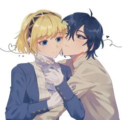 Rule 34 | 1boy, 1girl, aegis (persona), android, black hairband, blonde hair, blue dress, blue eyes, blue hair, blush, cheek-to-cheek, dress, elulit2, gold trim, grey sweater, hairband, heads together, heart, highres, locked arms, long sleeves, looking at another, one eye closed, persona, persona 3, persona 3 reload, robot ears, short hair, simple background, smile, sweater, turtleneck, turtleneck sweater, white background, yuuki makoto (persona 3)