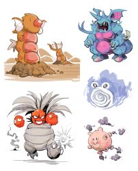 Rule 34 | bummerdude, claws, clefairy, closed mouth, commentary, creature, creatures (company), digging, diglett, exeggutor, explosion, fangs, floating, fusion, game freak, gastly, gen 1 pokemon, ghost, grin, gyarados, highres, hole on body, horns, koffing, multiple heads, nidoking, nintendo, no humans, open mouth, pokemon, pokemon (creature), poliwhirl, simple background, smile, smoke, spiral, standing, voltorb, walking, white background, zubat