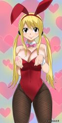 Rule 34 | 1girl, animal ears, artist name, bare shoulders, blonde hair, blush, bow, bowtie, breasts, brown eyes, cleavage, covered navel, curvy, fairy tail, fake animal ears, fishnets, gaston18, hairband, heart, highleg, highleg leotard, highres, large breasts, leotard, long hair, looking at viewer, lucy heartfilia, playboy bunny, rabbit ears, smile, solo, tattoo, thick thighs, thighs, twintails