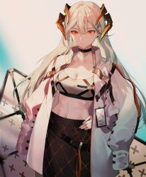 Rule 34 | 1girl, arknights, belt, black skirt, breasts, choker, cleavage, coat, collarbone, commentary, cowboy shot, crop top, dragon horns, expressionless, grey hair, grey shirt, hair between eyes, hand on own hip, highres, horns, large breasts, long hair, looking at viewer, loose belt, midriff, navel, open clothes, open coat, orange eyes, puffy sleeves, salmon88, saria (arknights), shield, shirt, skirt, solo, spaghetti strap, sports bra, standing, white coat