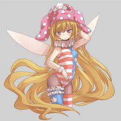 Rule 34 | 1girl, absurdly long hair, adapted costume, alternate legwear, american flag legwear, bare arms, bare shoulders, black pantyhose, blonde hair, breasts, clownpiece, cropped legs, fairy wings, grey background, hat, highres, jester cap, leotard, long hair, looking at viewer, naegi (naegidokoro), neck ruff, pantyhose, pink eyes, polka dot, simple background, sleeveless, small breasts, solo, star (symbol), striped, thighhighs, touhou, very long hair, wings, wrist cuffs