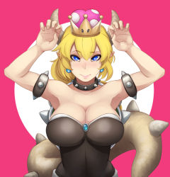 Rule 34 | 1girl, armpits, arms up, blonde hair, blue eyes, blush, bowsette, breasts, cleavage, crown, earrings, hair between eyes, horns, jewelry, large breasts, long hair, looking at viewer, mario (series), nintendo, noir (4chan), pointy ears, resolution mismatch, solo, source larger, super crown, tail