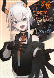 Rule 34 | !, 2021, bare shoulders, blue eyes, chalos, character name, commentary request, dated, demon girl, demon horns, fangs, gloves, hair between eyes, happy birthday, highres, horns, levi elipha, long sleeves, looking at viewer, necktie, nijisanji, open mouth, short hair, solo, teeth, tongue, upper body, virtual youtuber, white hair