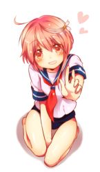 Rule 34 | 10s, 1girl, ahoge, bare shoulders, between legs, blush, hair ornament, hand between legs, i-58 (kancolle), kantai collection, looking at viewer, neckerchief, pink eyes, pink hair, sailor collar, school swimsuit, school uniform, serafuku, short hair, simple background, solo, swimsuit, swimsuit under clothes, umino (anesthesia), white background