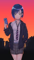 Rule 34 | 1girl, :|, backlighting, black background, black hoodie, black necktie, blue hair, bob cut, breasts, building, cellphone, cityscape, closed mouth, collarbone, commentary, cowboy shot, darling in the franxx, diagonal-striped clothes, diagonal-striped necktie, drawstring, dress shirt, earbuds, earphones, expressionless, gradient background, green eyes, grey skirt, hair ornament, hairclip, hand in pocket, highres, holding, holding phone, hood, hood down, hoodie, ichigo (darling in the franxx), kam-ja, lips, nail polish, necktie, off shoulder, open clothes, open hoodie, orange background, pencil skirt, phone, pink lips, plaid, plaid skirt, power lines, purple necktie, red background, red nails, school uniform, shirt, short hair, silhouette, skirt, small breasts, smartphone, smartphone case, solo, standing, striped clothes, swept bangs, upturned eyes, utility pole, white shirt