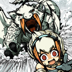 Rule 34 | 1girl, armor, barioth, barioth (armor), capcom, chasing, claws, fangs, felyne, gloves, halo, monster hunter (series), monster hunter 3, monster hunter portable 3rd, open mouth, red eyes, snow, sweatdrop, tanayuma, tusks, wyvern
