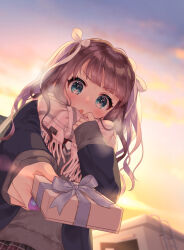 Rule 34 | 1girl, :o, aqua eyes, bandaid, bandaid on hand, blush, brown hair, commentary request, dusk, from below, gift, hair ribbon, highres, long hair, long sleeves, looking at viewer, original, outdoors, pico (p i c o), ribbon, scarf, school uniform, tsundere, upper body, valentine, white ribbon