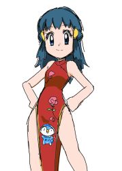 Rule 34 | 10s, 1girl, blue eyes, blue hair, breasts, chinese clothes, creatures (company), curvy, dawn (pokemon), dress, female focus, game freak, gen 4 pokemon, hainchu, happy, looking at viewer, nintendo, piplup, pokemon, pokemon (anime), pokemon (creature), sketch, smile, standing, thighs