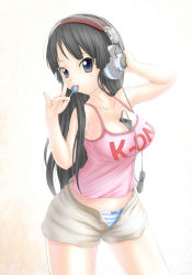 Rule 34 | 00s, 1girl, akg, akg k-series headphones, akiyama mio, bad id, bad pixiv id, between breasts, black eyes, black hair, breasts, candy, casual, cleavage, digital media player, food, headphones, highres, ipod, ipod touch, k-on!, large breasts, lollipop, long hair, panties, product placement, sho-he-, shorts, solo, striped clothes, striped panties, tank top, underwear, unzipped