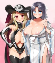 Rule 34 | 10s, 2girls, bad id, bad twitter id, bare shoulders, black hair, black legwear, blonde hair, blue eyes, blush, bow, breasts, cape, collarbone, elbow gloves, gloves, gradient background, hair bow, hat, hishigata, huge breasts, japanese clothes, long hair, looking at viewer, mole, mole under mouth, multiple girls, navel, nipples, open mouth, red eyes, senran kagura, senran kagura shinovi versus, shiki (senran kagura), short hair, simple background, skull, smile, thighhighs, undressing, yumi (senran kagura)