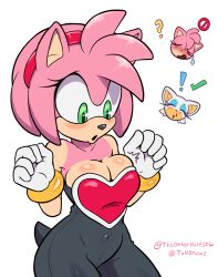 Rule 34 | !, 2girls, ?, ^ ^, alternate costume, amy rose, animal ears, animal nose, artist name, bare shoulders, blood, blush, body fur, breasts, bursting breasts, cleavage, clenched hands, closed eyes, collarbone, cosplay, covered navel, cowboy shot, embarrassed, female focus, furry, furry female, gloves, green eyes, hairband, hands up, highres, large breasts, looking down, multiple girls, multiple views, no bra, nose blush, nosebleed, open mouth, pink fur, pink hair, red hairband, rouge the bat, rouge the bat (cosplay), shiny clothes, shiny skin, short hair, sidelocks, signature, simple background, skindentation, solo focus, sonic (series), standing, sweatdrop, tail, the other half, twitter username, u u, white background, white gloves