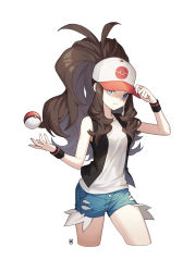 Rule 34 | 1girl, baseball cap, black vest, blue eyes, blue shorts, brown hair, closed mouth, commentary request, creatures (company), cropped legs, denim, denim shorts, game freak, hand on headwear, hat, high ponytail, highres, hilda (pokemon), korean commentary, long hair, mongguri, nintendo, open clothes, open vest, poke ball, poke ball (basic), pokemon, pokemon bw, ponytail, shirt, short shorts, shorts, simple background, sleeveless, sleeveless shirt, solo, standing, torn clothes, torn shorts, vest, white background, white shirt, wristband