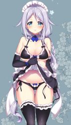 Rule 34 | alternate costume, apron, aqua eyes, back bow, bikini, black bra, black panties, black thighhighs, blush, bow, bow bra, bow panties, bra, braid, braided ponytail, clothes lift, commentary request, elbow gloves, floral background, frilled thighhighs, frills, from side, gloves, hair between eyes, hair flaps, highres, holding, holding clothes, holding skirt, kantai collection, lifting own clothes, long hair, looking at viewer, maid, maid apron, maid bikini, maid headdress, panties, ringo sui, sailor collar, side-tie panties, silver hair, skirt, skirt lift, smile, solo, swept bangs, swimsuit, thighhighs, umikaze (kancolle), unconventional maid, underwear, very long hair