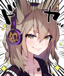 Rule 34 | 1girl, closed mouth, collarbone, commentary request, earmuffs, emphasis lines, hair between eyes, light brown hair, lips, looking at viewer, medium hair, pointy hair, portrait, simple background, smile, solo, sparkle, syuri22, tattoo, touhou, toyosatomimi no miko, white background, yellow eyes