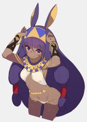 Rule 34 | 1girl, animal ears, arm wrap, arms up, bare legs, barefoot, beads, blush, bra, bracelet, breasts, closed mouth, cowboy shot, dark-skinned female, dark skin, earrings, egyptian, egyptian clothes, eyeliner, facial mark, fate/grand order, fate (series), hair between eyes, hair tubes, hairband, hajime (hajime-ill-1st), highres, hoop earrings, jackal ears, jewelry, long hair, low tied hair, makeup, medium breasts, midriff, navel, neck ring, nitocris (fate), panties, purple eyes, purple hair, rabbit pose, revealing clothes, sidelocks, smile, solo, standing, straight hair, thigh gap, thong, two-tone hairband, underwear, very long hair, white background, white bra, white panties