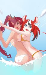 Rule 34 | 2girls, absurdres, angelchama, animal ears, bikini, black hair, blue eyes, breast press, cloud, hair ornament, hakos baelz, heterochromia, highres, hololive, hololive english, horns, irys (hololive), long hair, mouse ears, mouse girl, multicolored hair, multiple girls, open mouth, partially submerged, pointy ears, purple eyes, purple hair, red hair, streaked hair, swimsuit, symmetrical docking, virtual youtuber, white hair