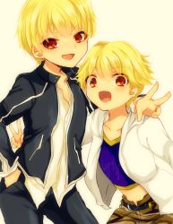 Rule 34 | 2boys, bad id, bad pixiv id, black jacket, blonde hair, child, child gilgamesh (fate), dual persona, fate/hollow ataraxia, fate/stay night, fate (series), gilgamesh (fate), hood, hoodie, jacket, male focus, multiple boys, official alternate costume, red eyes, shorts, shougo kota, white background, aged down