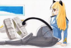 Rule 34 | 1girl, animal ears, ass, bad id, bad pixiv id, black pantyhose, blonde hair, cat ears, cat tail, feet, glasses, hayami jin, highres, long hair, looking back, military, military uniform, open mouth, panties, panties under pantyhose, pantyhose, perrine h. clostermann, strike witches, striker unit, striped clothes, striped panties, tail, underwear, uniform, world witches series, yellow eyes