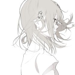 Rule 34 | 1girl, aspara, dated, expressionless, floating hair, from side, greyscale, highres, monochrome, original, parted lips, profile, short sleeves, sidelocks, simple background, solo, upper body, wind