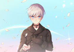 Rule 34 | 1boy, backpack, bag, black gloves, black jacket, black neckwear, blue eyes, blue sky, blush, buttons, choker, closed mouth, commentary, day, fingernails, gloves, hand on own chest, hands up, jacket, long sleeves, looking at viewer, nier:automata, nier (series), no blindfold, outdoors, petals, reaching, reaching towards viewer, shooting star, single glove, sky, smile, strap, 9s (nier:automata), yuzhi