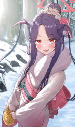 Rule 34 | 1girl, absurdres, black hair, blue archive, blush, demon horns, flower, fuuka (blue archive), fuuka (new year) (blue archive), grey horns, hair flower, hair ornament, halo, highres, horns, japanese clothes, kimono, long hair, long sleeves, looking at viewer, obi, official alternate costume, open mouth, pink flower, pink kimono, red eyes, red halo, sash, smile, solo, standing, take978733141, twintails, wide sleeves