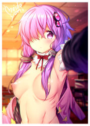 Rule 34 | 1girl, ahoge, areola slip, arm up, armpits, artist name, backlighting, blurry, blurry background, blush, breasts, chromatic aberration, classroom, closed mouth, depth of field, detached collar, detached sleeves, foreshortening, hair ornament, hair over breasts, hair over one eye, hair tubes, hairpin, highres, indoors, long hair, long sleeves, looking at viewer, low twintails, medium breasts, meido yomi, navel, neck ribbon, nipples, nude, one eye covered, open clothes, outstretched arm, purple eyes, purple hair, reaching, reaching towards viewer, red ribbon, ribbon, ribs, school, solo, tareme, twintails, upper body, vocaloid, voiceroid, yuzuki yukari