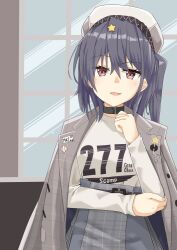 Rule 34 | 1girl, beret, brown eyes, clothes writing, commission, cowboy shot, grey hair, grey shirt, grey skirt, hat, high-waist skirt, jacket, jacket on shoulders, kantai collection, long hair, looking at viewer, makinoki, official alternate costume, plaid, plaid skirt, scamp (kancolle), shirt, side ponytail, skeb commission, skirt, smile, solo, white hat