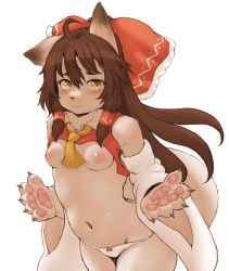 Rule 34 | 1girl, ahoge, animal ears, animal hands, blush, breasts, brown hair, closed mouth, clothes lift, dog ears, dog girl, dog tail, furry, furry female, hair ribbon, hair tubes, hakurei reimu, hawthorn, japanese clothes, long hair, looking at viewer, miko, navel, neckerchief, nipples, no bra, panties, pawpads, ribbon, shirt lift, simple background, small breasts, solo, tail, touhou, underwear, white background, white panties, yellow eyes, yellow neckerchief