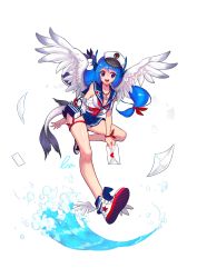 Rule 34 | 1girl, :d, anchor, ankle wings, belt pouch, blouse, blue eyes, blue hair, blue skirt, breasts, cleavage, collarbone, dragon girl, dragon tail, feathered wings, fins, fish tail, full body, hat, head fins, highres, leg ribbon, letter, long hair, looking at viewer, low-tied long hair, low twintails, matching hair/eyes, medium breasts, milcona, miniskirt, neckerchief, open mouth, original, peaked cap, pleated skirt, pouch, red ribbon, ribbon, school uniform, serafuku, shirt, shoes, skirt, sleeveless, sleeveless shirt, slit pupils, smile, sneakers, solo, tail, teeth, thigh ribbon, twintails, white background, white wings, winged footwear, wings, wrist ribbon