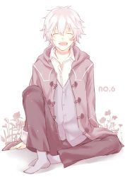 Rule 34 | 1boy, copyright name, closed eyes, flower, male focus, moco 315, no.6, open mouth, shion (no.6), sitting, solo, white hair