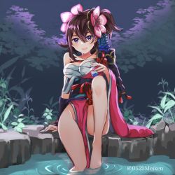 Rule 34 | 1girl, bare shoulders, breasts, brown eyes, brown hair, cleavage, closed mouth, dragalia lost, feet out of frame, flower, fundoshi, hair flower, hair ornament, highres, in water, japanese clothes, long hair, looking at viewer, medium breasts, night, night sky, po pooch, sitting, sky, solo, yachiyo (dragalia lost)