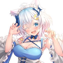 Rule 34 | 1girl, :d, ahoge, bell, bettle (b s a n), blue bow, blue eyes, bow, braid, breasts, cleavage, crescent, crescent hair ornament, detached sleeves, ear piercing, fang, hair between eyes, hair bow, hair ornament, hands up, highres, jingle bell, large breasts, looking at viewer, maid headdress, nekono yukino, one eye closed, open mouth, paw pose, piercing, re:act, short hair, simple background, smile, solo, star (symbol), upper body, virtual youtuber, white background, white hair, wide sleeves