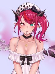 Rule 34 | 1girl, bow, breasts, cleavage, detached collar, dress, food, food in mouth, hair bow, hair ornament, hairpin, hat, highres, hololive, hololive english, horns, irys (casualrys) (hololive), irys (hololive), looking at viewer, medium breasts, medium hair, multicolored hair, official alternate costume, pocky, pocky in mouth, pointy ears, purple hair, ranox, red hair, virtual youtuber, wings