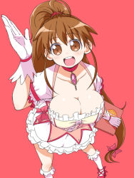 Rule 34 | 1girl, breasts, brown eyes, brown hair, cleavage, cosplay, from above, gloves, kaname madoka, kaname madoka (cosplay), large breasts, magical girl, mahou shoujo madoka magica, mahou shoujo madoka magica (anime), naitou kouse, ponytail, shoes, solo, taneshima popura, working!!