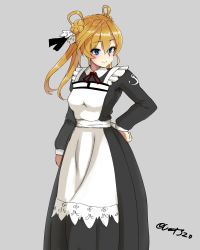 Rule 34 | 10s, 1girl, abukuma (kancolle), alternate costume, apron, arm at side, black dress, blonde hair, blue eyes, double bun, dress, enmaided, grey background, hair between eyes, hair bun, hair rings, hand on own hip, hayabusa, kantai collection, long dress, long hair, long sleeves, looking to the side, maid, maid apron, simple background, smile, solo, twintails