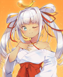 Rule 34 | 1girl, ;), artist name, blue eyes, breasts, hair ribbon, hair rings, hakama, hakama skirt, hand on own chest, japanese clothes, looking at viewer, miko, off shoulder, one eye closed, orange background, oshiro project:re, oshiro project:re, red hakama, red ribbon, ribbon, shaneru, silver hair, skirt, small breasts, smile, solo, twintails, upper body, utsunomiya (oshiro project)