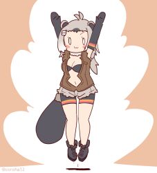 Rule 34 | 1girl, american beaver (kemono friends), animal ears, arms up, beaver ears, beaver tail, bra, brown background, coroha, elbow gloves, extra ears, full body, gloves, grey hair, jacket, jumping, kemono friends, leggings, long hair, looking at viewer, navel, shoes, shorts, simple background, solo, tail, underwear