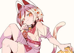 Rule 34 | 1girl, :3, animal ears, bell, breasts, bright pupils, brown hair, calico, cat ears, cat tail, closed mouth, coin, eyes visible through hair, from side, goutokuji mike, holding, holding coin, looking at viewer, maneki-neko, massakasama, medium breasts, multicolored clothes, multicolored hair, multicolored shirt, multicolored shorts, multicolored tail, navel, neck bell, orange eyes, orange hair, puffy short sleeves, puffy sleeves, short sleeves, shorts, simple background, sitting, smile, solo, streaked hair, tail, touhou, white background, white hair, white pupils