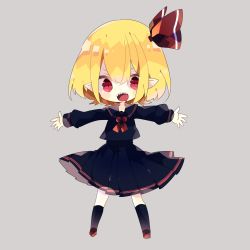 Rule 34 | 1girl, black shirt, black skirt, black socks, blonde hair, chibi, commentary request, drooling, full body, grey background, hair ribbon, highres, looking at viewer, mouth drool, nikorashi-ka, open mouth, outstretched arms, pleated skirt, pointy ears, red eyes, red neckwear, red ribbon, ribbon, rumia, sharp teeth, shirt, short hair, simple background, skirt, socks, solo, spread arms, teeth, touhou