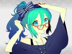 Rule 34 | 1girl, alternate hairstyle, aqua eyes, aqua hair, bad id, bad pixiv id, bare shoulders, bespectacled, blush, bow, glasses, gradient hair, hair bow, hatsune miku, jewelry, multicolored hair, nail polish, necklace, noco (204z), noco (adamas), pink nails, ponytail, solo, vocaloid, wonderful days (vocaloid)