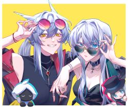 Rule 34 | 1boy, 3girls, absurdres, adjusting eyewear, androgynous, animal ears, black collar, black jacket, black shirt, black tank top, blue eyes, blue nails, bracelet, breasts, character request, chinese commentary, choker, chromatic aberration, cleavage, collar, commentary request, cross, cross choker, dikke (reverse:1999), fang, fingernails, grey hair, highres, jacket, jewelry, long fingernails, long hair, looking at viewer, medium breasts, mimizuku (sky: children of the light), multiple girls, multiple rings, necklace, open clothes, open jacket, parted lips, pink-tinted eyewear, reverse:1999, ring, shirt, simple background, sky: children of the light, sunglasses, tank top, tingjiuzhuozhu, tinted eyewear, vertin (reverse:1999), yellow background, yellow eyes