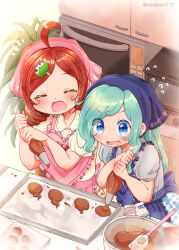 Rule 34 | 1boy, 1girl, :d, ^ ^, ahoge, alternate costume, andou ringo, apple print, apron, aqua hair, asymmetrical sidelocks, back bow, baking sheet, blue apron, blue eyes, blush, book, bow, cabinet, carton, character hair ornament, chocolate making, closed eyes, collared shirt, colored eyelashes, curly hair, drill hair, drooling, ecolo (puyopuyo), eyes visible through hair, flying sweatdrops, frilled apron, frills, gear print, green eyes, hair ornament, hairclip, head scarf, heart apron, highres, indoors, kitchen, long hair, mixing bowl, mouth drool, notice lines, open book, open mouth, oven, pastry bag, pink apron, plant, potted plant, puffy short sleeves, puffy sleeves, puyo (puyopuyo), puyopuyo, red hair, shaking, shinonome pinano, shirt, short sleeves, sidelocks, smile, spatula, unusual ecolo, wavy mouth