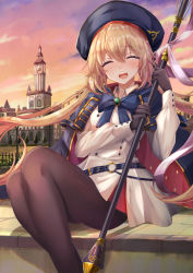 Rule 34 | 1girl, absurdres, artoria caster (fate), artoria caster (second ascension) (fate), artoria pendragon (fate), belt, black gloves, blonde hair, blue belt, blue bow, blue bowtie, blue cape, blue hat, blush, bow, bowtie, brown pantyhose, buttons, cape, closed eyes, cloud, collared dress, commentary request, dress, fate/grand order, fate (series), floating hair, gloves, hair between eyes, hat, highres, holding, holding staff, holding weapon, long hair, long sleeves, open mouth, orange sky, outdoors, pantyhose, sidelocks, sitting, sky, smile, solo, staff, thighs, tongue, torottye, twintails, very long hair, weapon, white dress