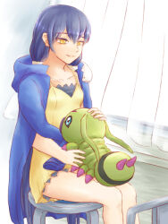 Rule 34 | antennae, blue eyes, blue hair, digimon, digimon story: cyber sleuth hacker&#039;s memory, looking at another, mishima erika, smile, wormmon, yellow eyes