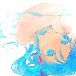 Rule 34 | 1girl, aqua eyes, aqua hair, face, hatsune miku, long hair, looking at viewer, lying, makino (sinobusan), md5 mismatch, nude, on back, simple background, solo, twintails, very long hair, vocaloid, white background