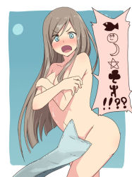 Rule 34 | 1girl, blue eyes, breasts, brown hair, cleavage, commentary request, completely nude, fish, groin, hyakuen raitaa, long hair, looking at viewer, nude, simple background, solo, tales of (series), tales of the abyss, tear grants, wet