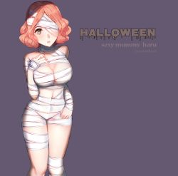 Rule 34 | 1girl, bandage over one eye, bandages, breasts, brown eyes, character name, cleavage, covered navel, halloween, halloween costume, highres, light brown hair, looking at viewer, medium breasts, medium hair, mummy costume, naked bandage, okumura haru, open mouth, parted bangs, persona, persona 5, purple background, simple background, solo, standing, twitter username, yaoto